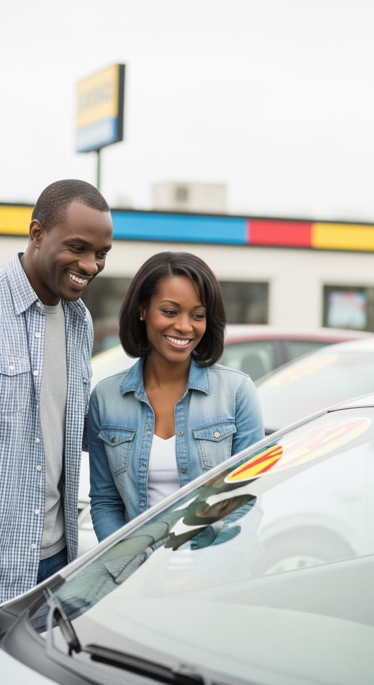 A couple looking at cars on a dealership lot