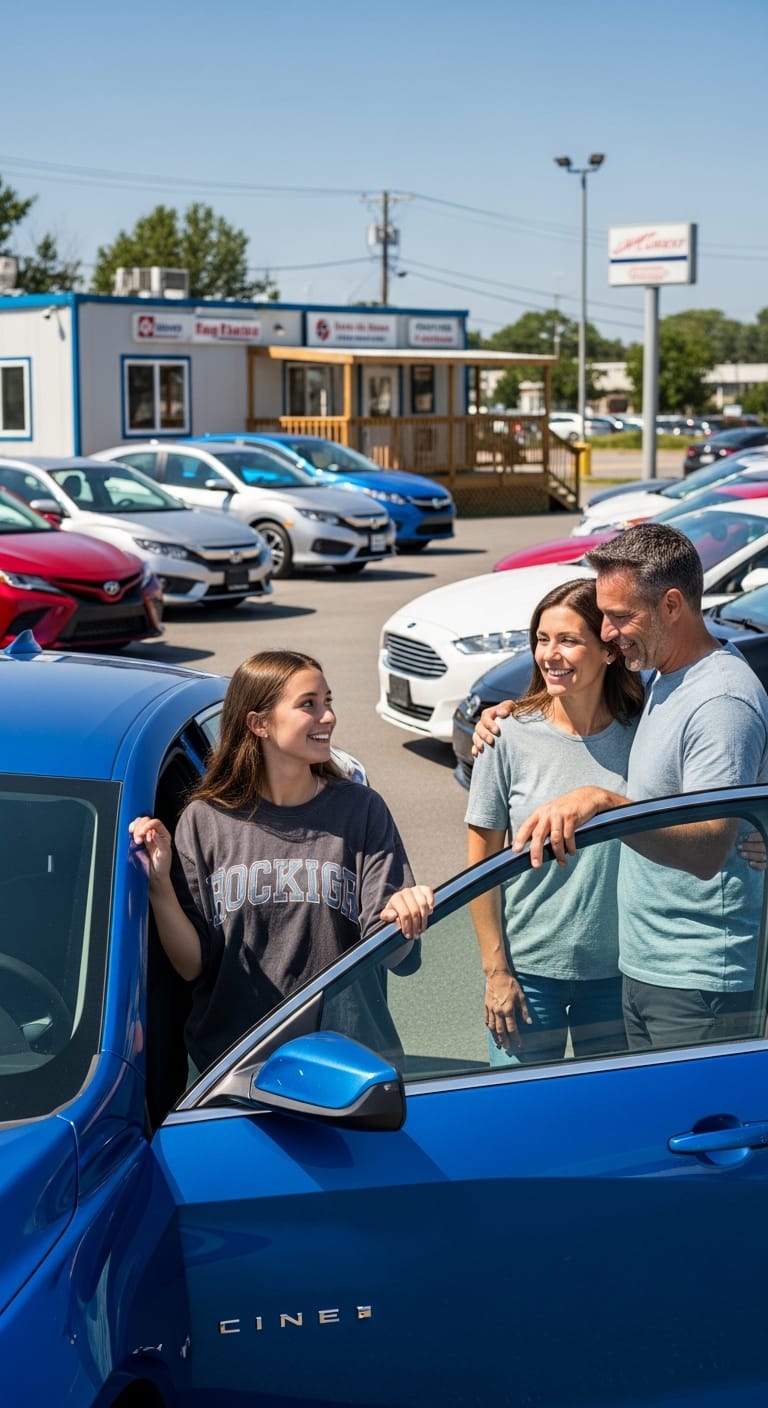 A family with a teen daughter smiling next to a new blue sedan