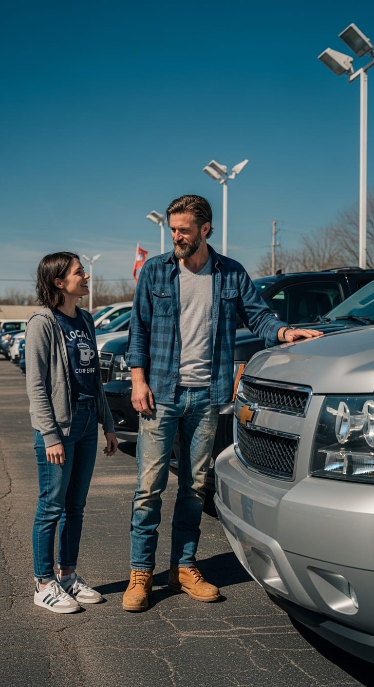 A father and teen daughter looking at a silver SUV at a sunny dealership