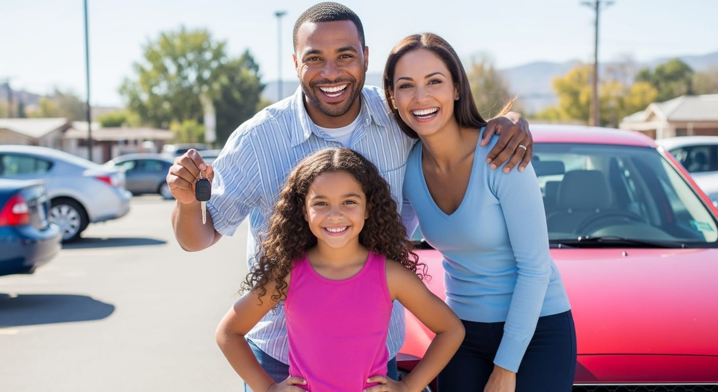 A happy family with their daughter holding new car keys at a sunny dealership