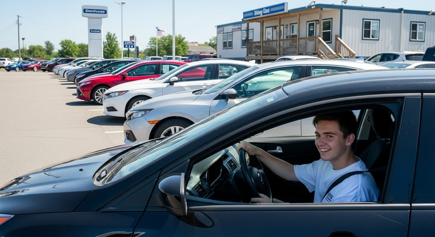A young man taking a test drive on a dealership lot