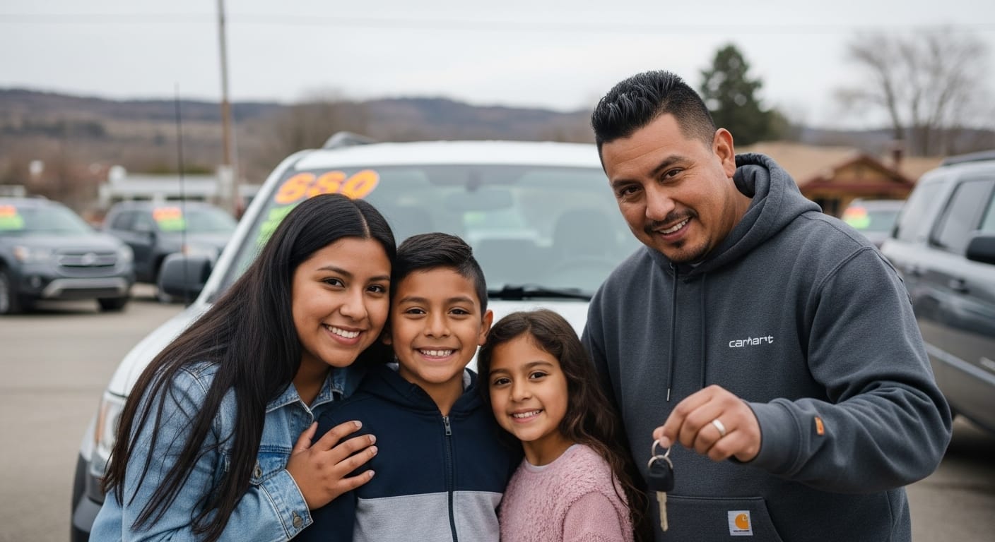 A family with three kids proudly holding new car keys at a dealership