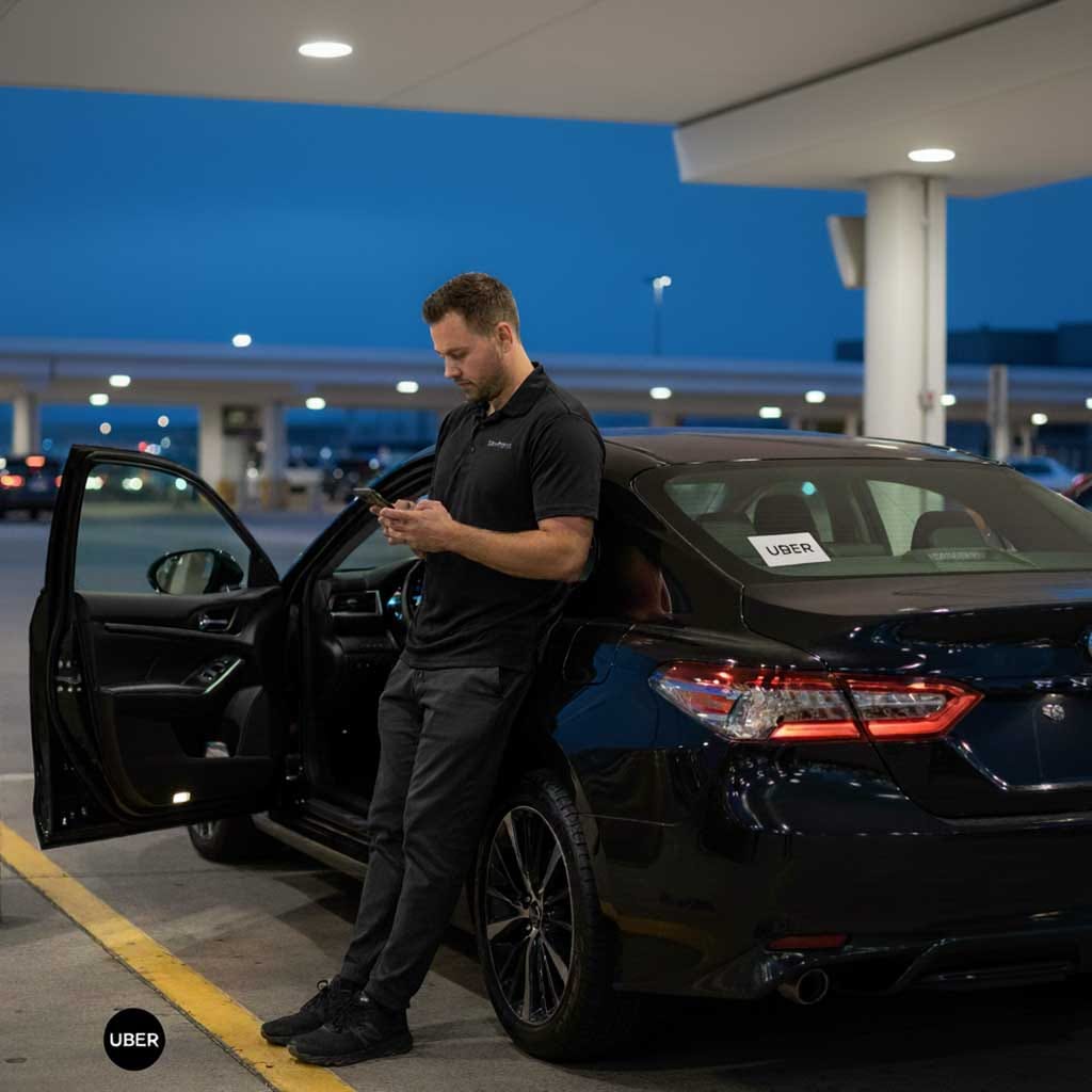 A rideshare driver in their vehicle, ready for a shift