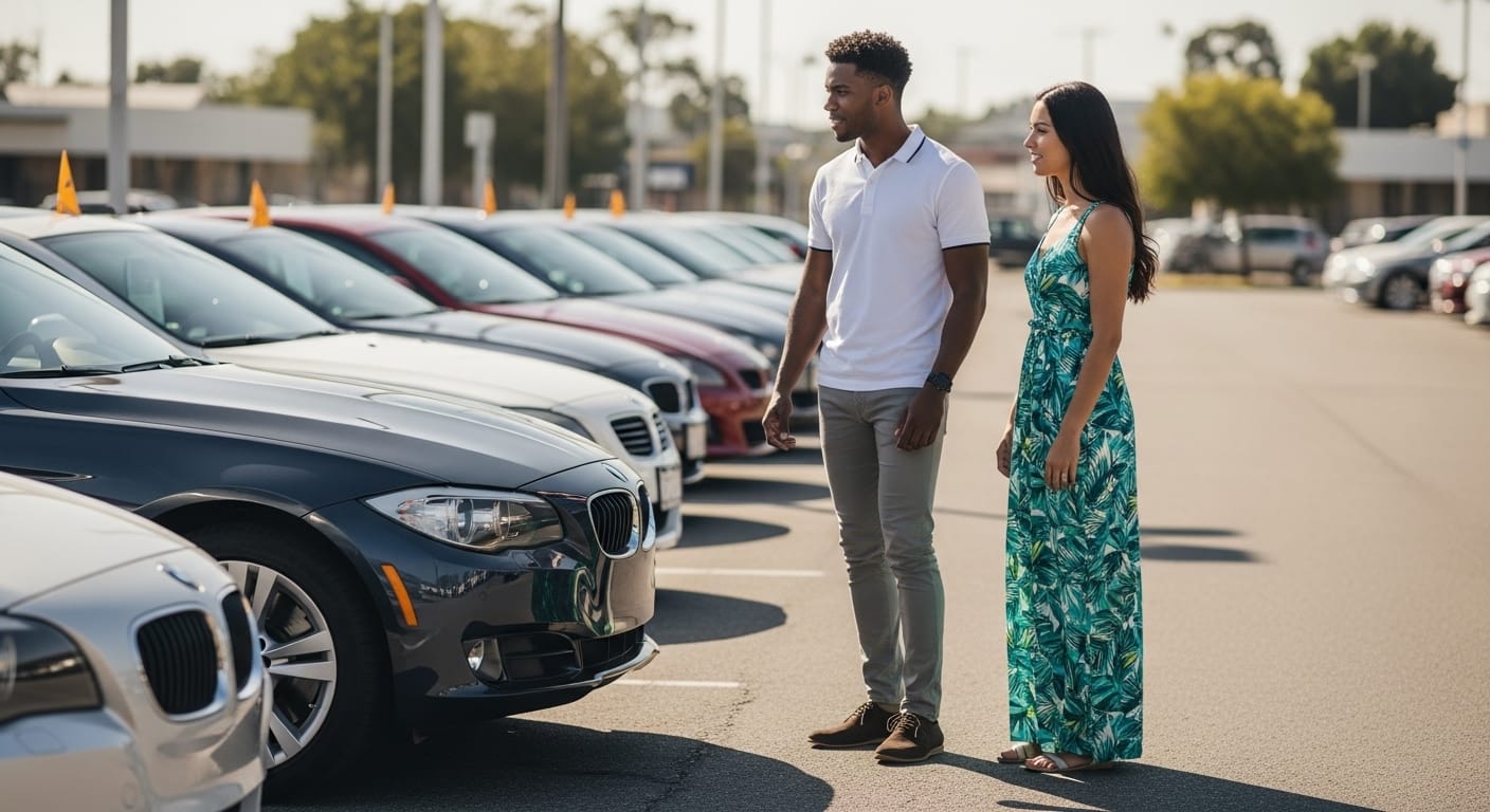 A couple browsing sedans at a dealership