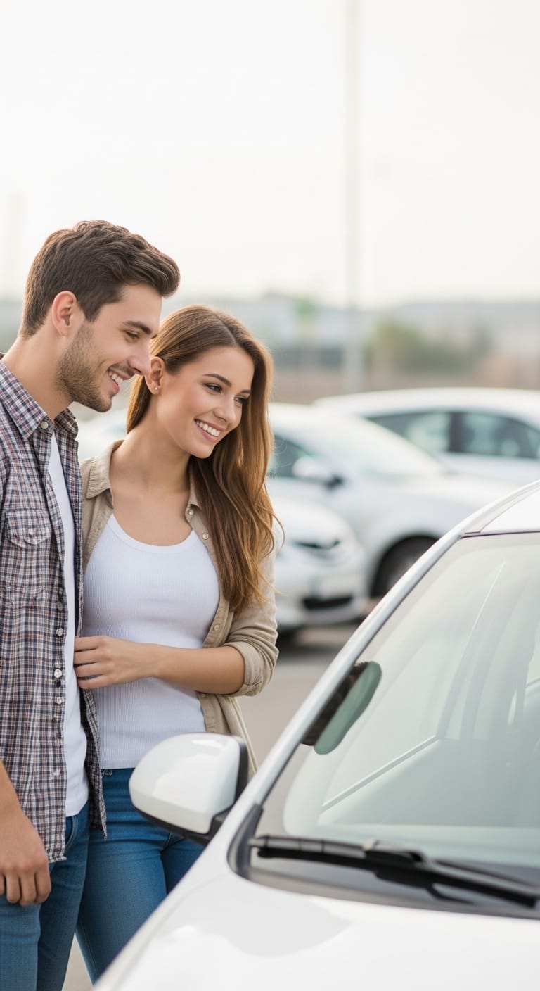A young couple smiling while looking at a white sedan on a dealership lot