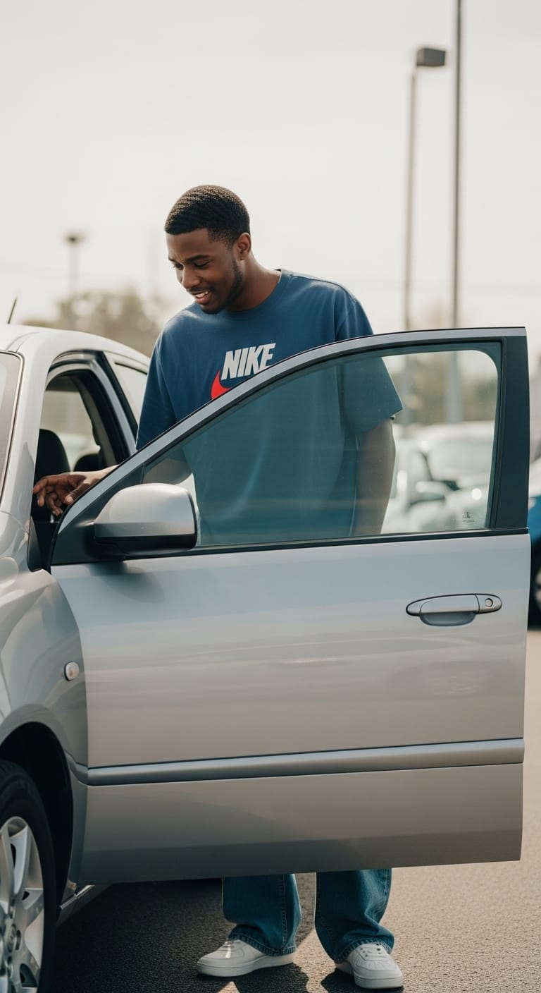 A young man opening the door to his new silver sedan at a dealership